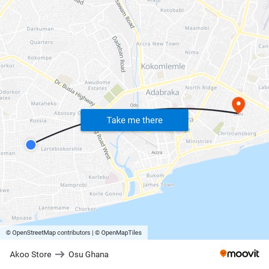 Akoo Store to Osu Ghana map