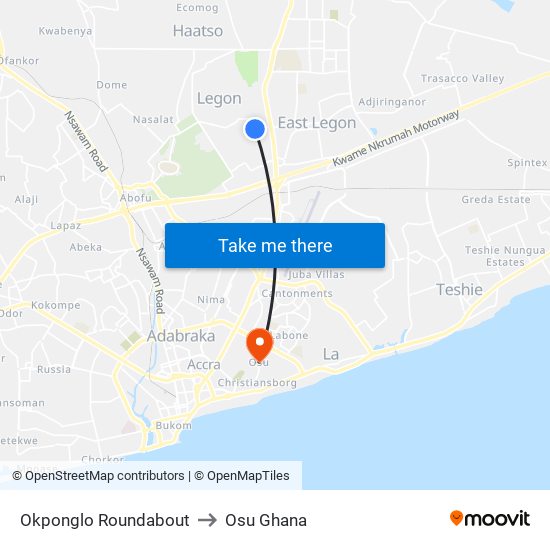 Okponglo Roundabout to Osu Ghana map