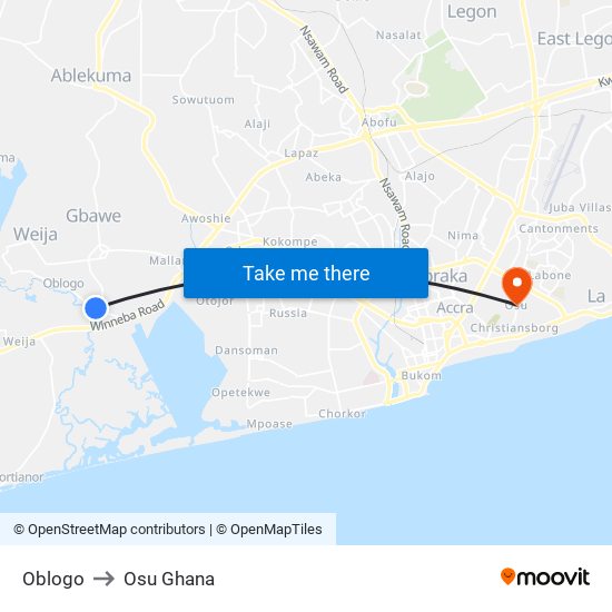 Oblogo to Osu Ghana map