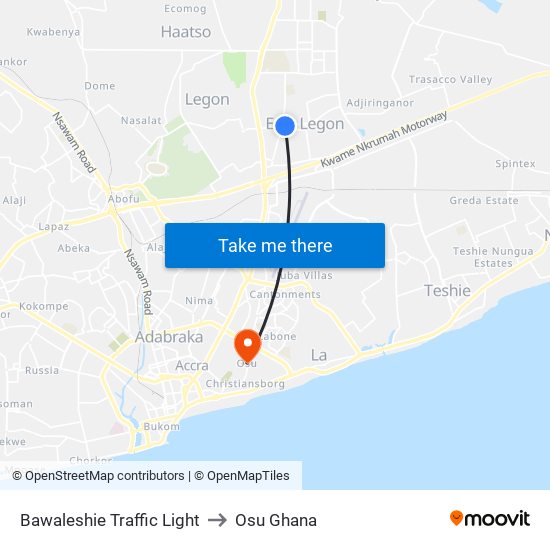Bawaleshie Traffic Light to Osu Ghana map