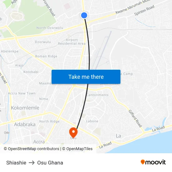 Shiashie to Osu Ghana map