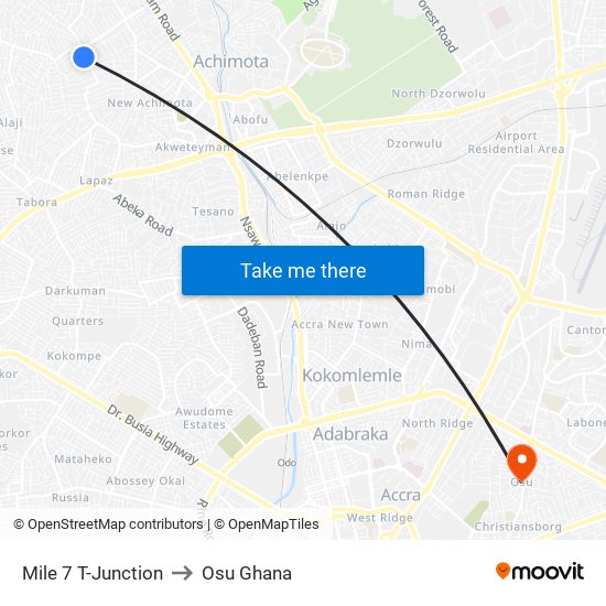 Mile 7 T-Junction to Osu Ghana map