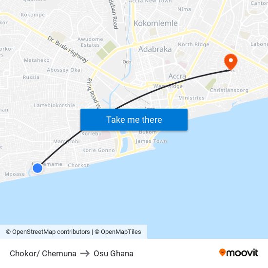 Chokor/ Chemuna to Osu Ghana map