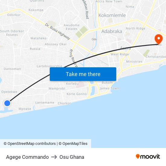 Agege Commando to Osu Ghana map
