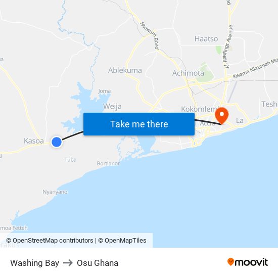 Washing Bay to Osu Ghana map