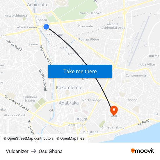 Vulcanizer to Osu Ghana map