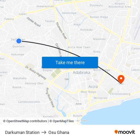 Darkuman Station to Osu Ghana map