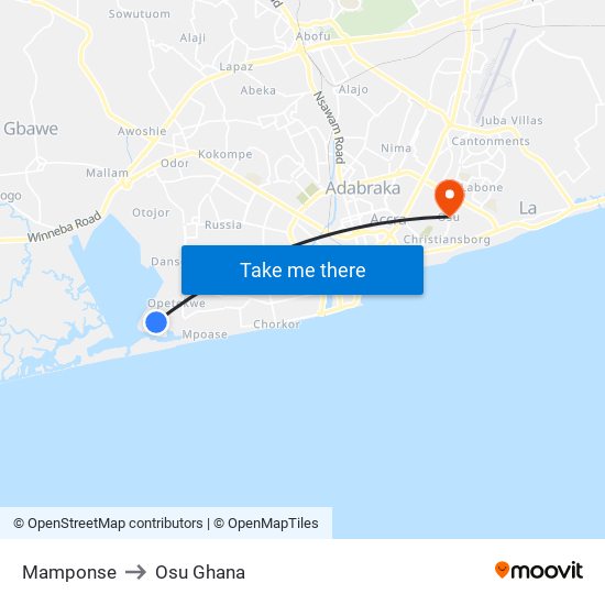 Mamponse to Osu Ghana map