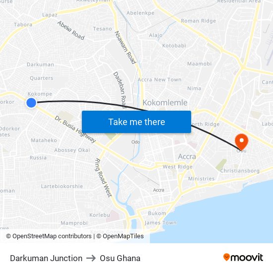 Darkuman Junction to Osu Ghana map