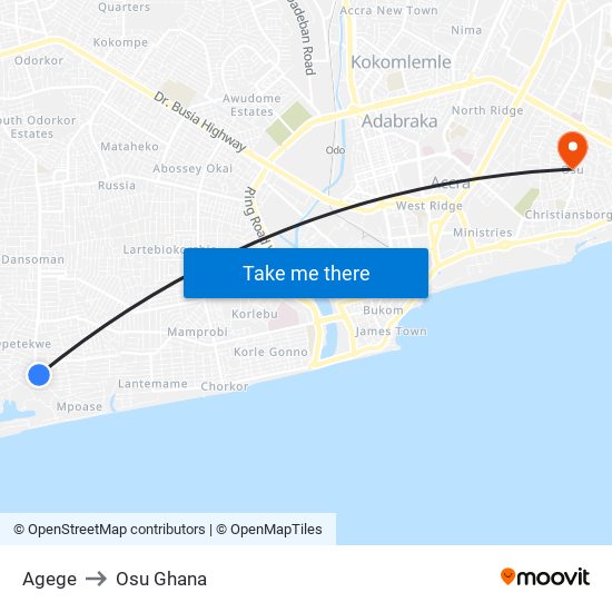 Agege to Osu Ghana map