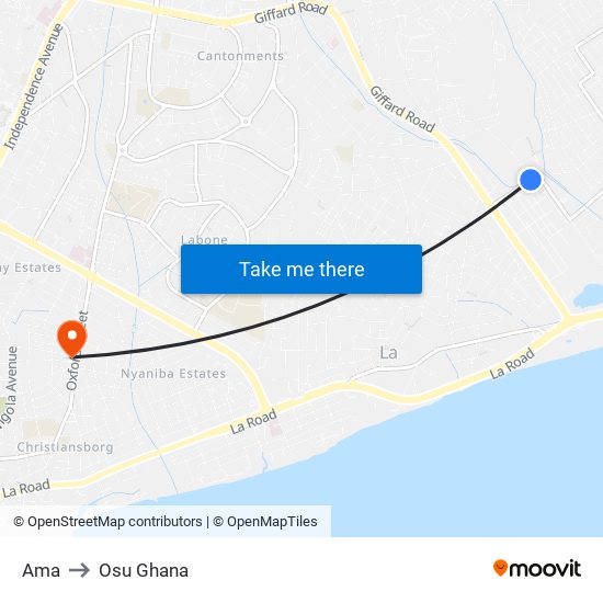 Ama to Osu Ghana map