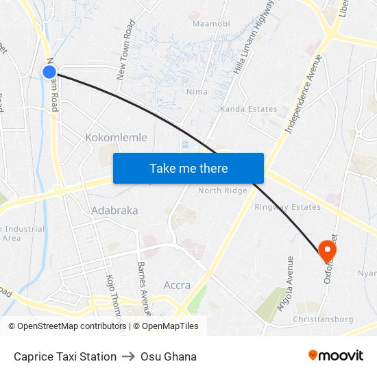 Caprice Taxi Station to Osu Ghana map