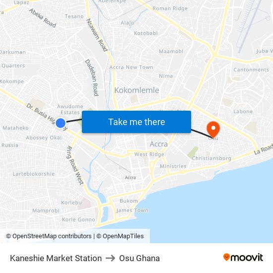 Kaneshie Market Station to Osu Ghana map