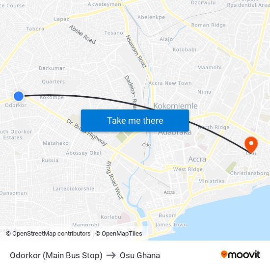 Odorkor (Main Bus Stop) to Osu Ghana map