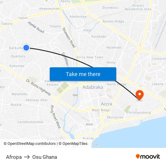 Afropa to Osu Ghana map