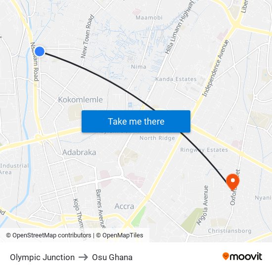 Olympic Junction to Osu Ghana map