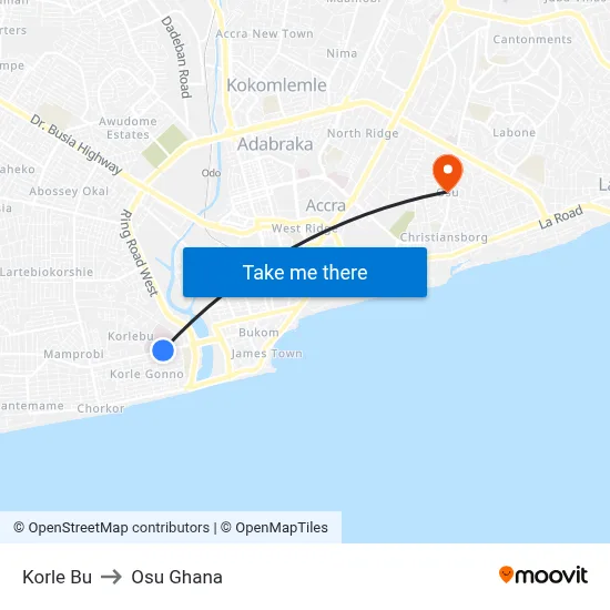 Korle Bu to Osu Ghana map