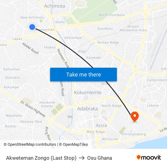 Akweteman Zongo (Last Stop) to Osu Ghana map