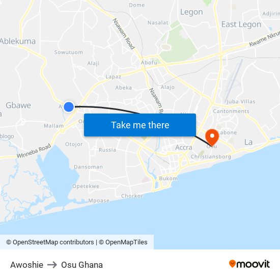 Awoshie to Osu Ghana map