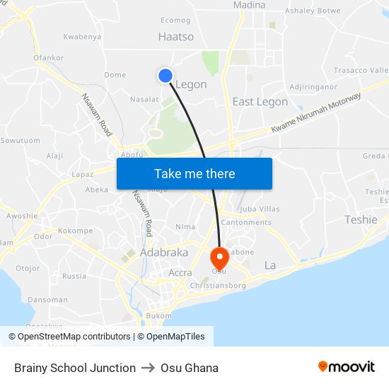 Brainy School Junction to Osu Ghana map