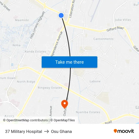 37 Military Hospital to Osu Ghana map