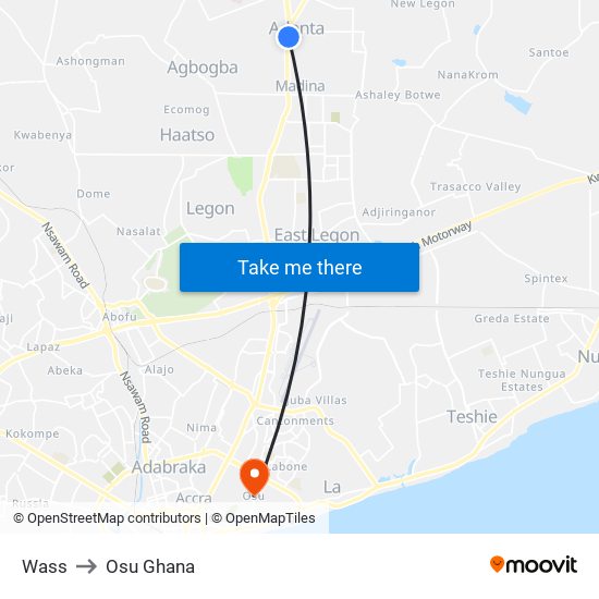 Wass to Osu Ghana map