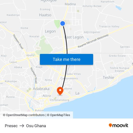 Presec to Osu Ghana map