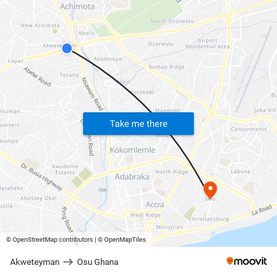 Akweteyman to Osu Ghana map