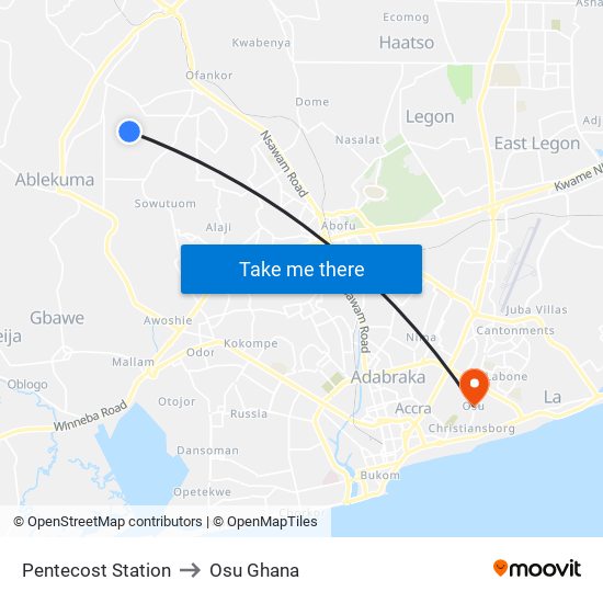 Pentecost Station to Osu Ghana map