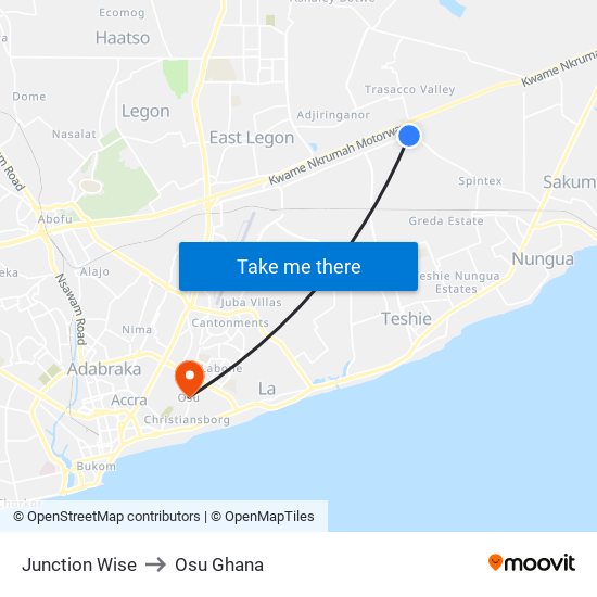 Junction Wise to Osu Ghana map