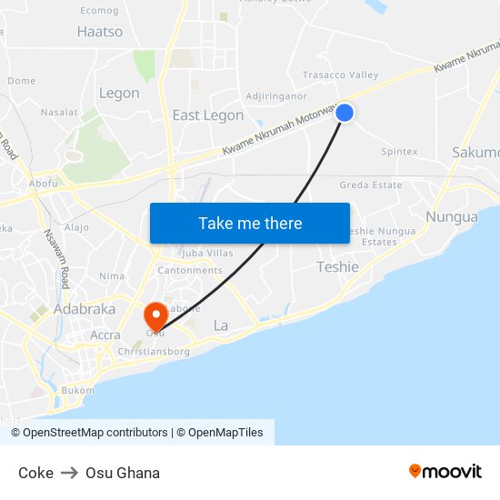 Coke to Osu Ghana map