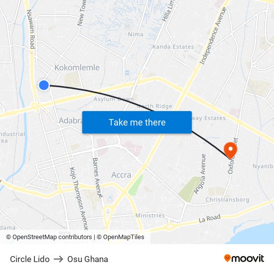 Circle Lido to Osu Ghana map