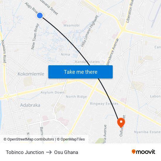 Tobinco Junction to Osu Ghana map