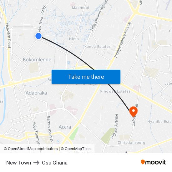 New Town to Osu Ghana map