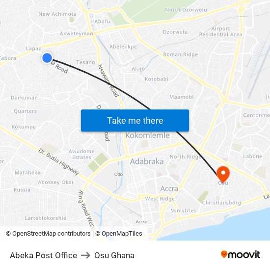 Abeka Post Office to Osu Ghana map