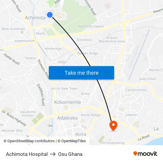 Achimota Hospital to Osu Ghana map