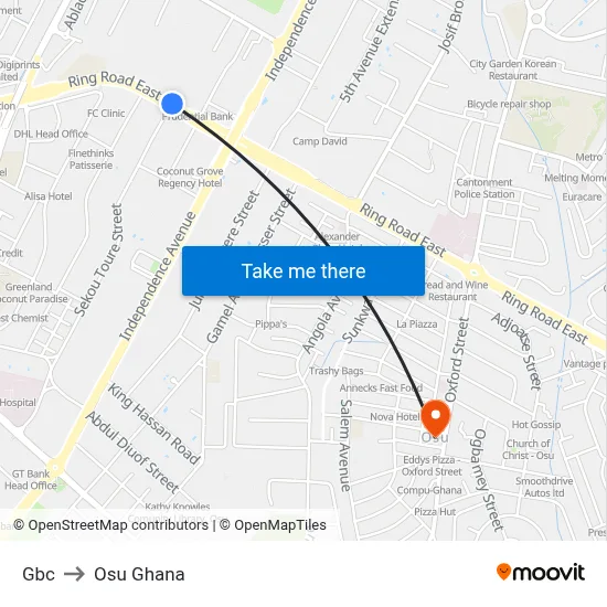 Gbc to Osu Ghana map