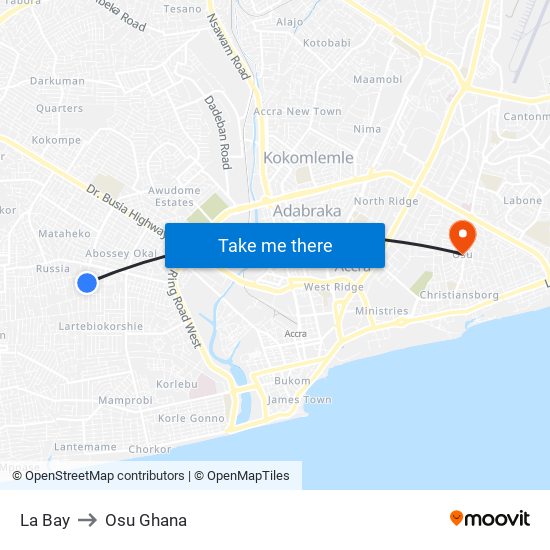 La Bay to Osu Ghana map