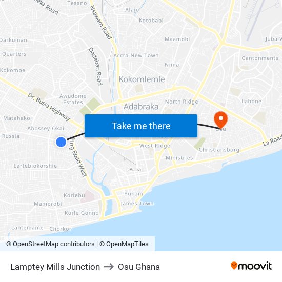Lamptey Mills Junction to Osu Ghana map