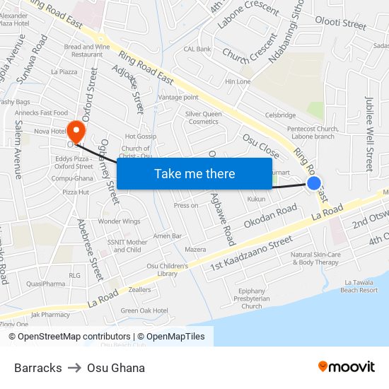 Barracks to Osu Ghana map