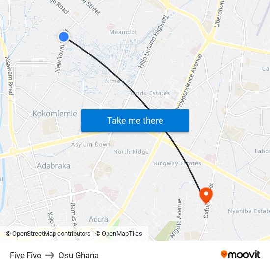 Five Five to Osu Ghana map
