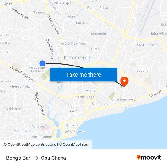 Bongo Bar to Osu Ghana map