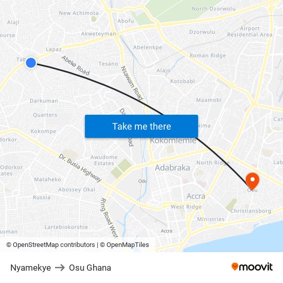 Nyamekye to Osu Ghana map