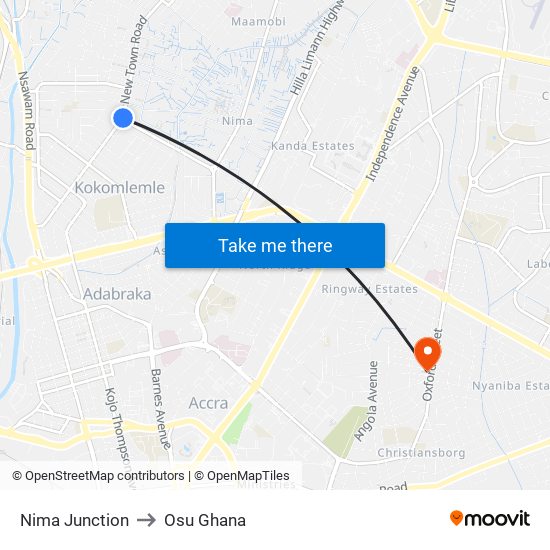 Nima Junction to Osu Ghana map