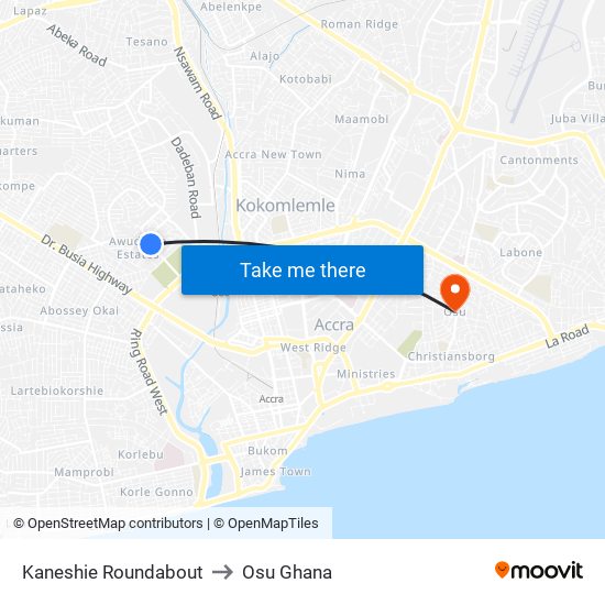 Kaneshie Roundabout to Osu Ghana map