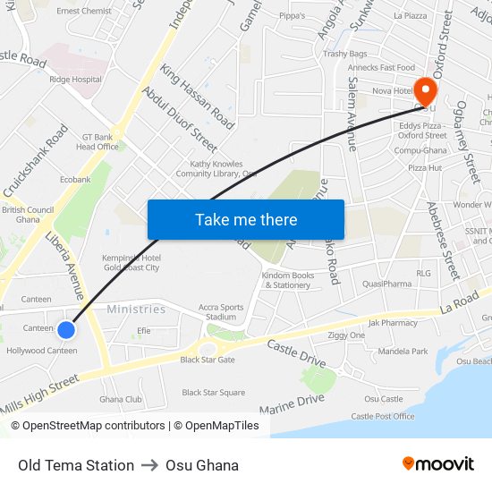 Old Tema Station to Osu Ghana map