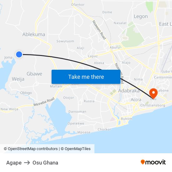 Agape to Osu Ghana map