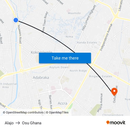Alajo to Osu Ghana map