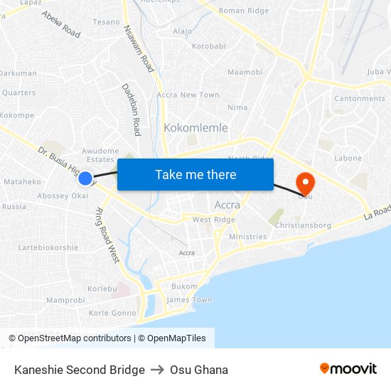 Kaneshie Second Bridge to Osu Ghana map