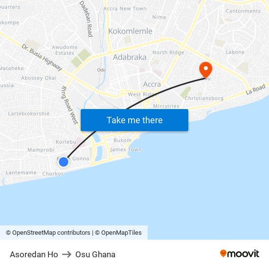 Asoredan Ho to Osu Ghana map